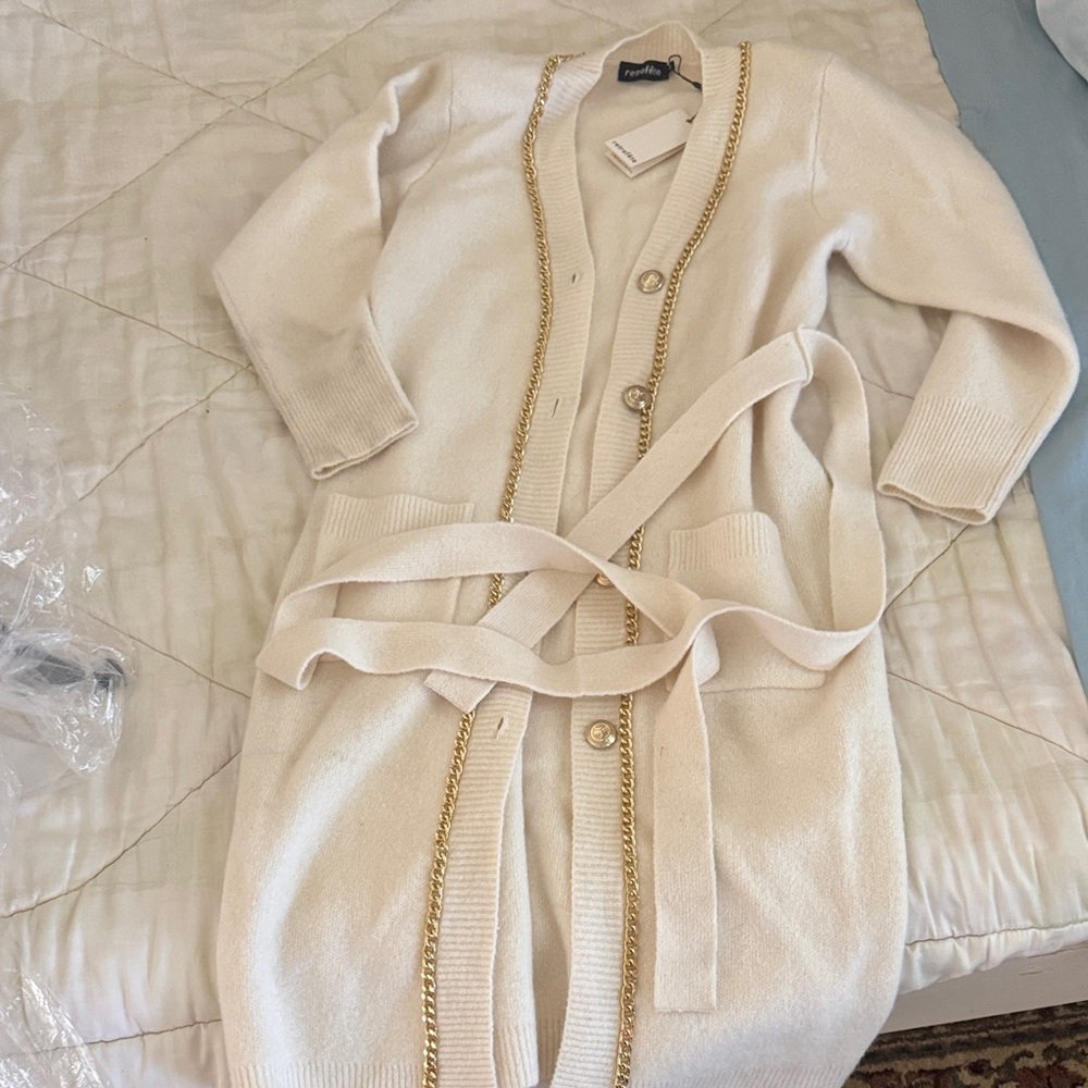 Retrofete Cream Cardigan dress with Gold Chain Detail